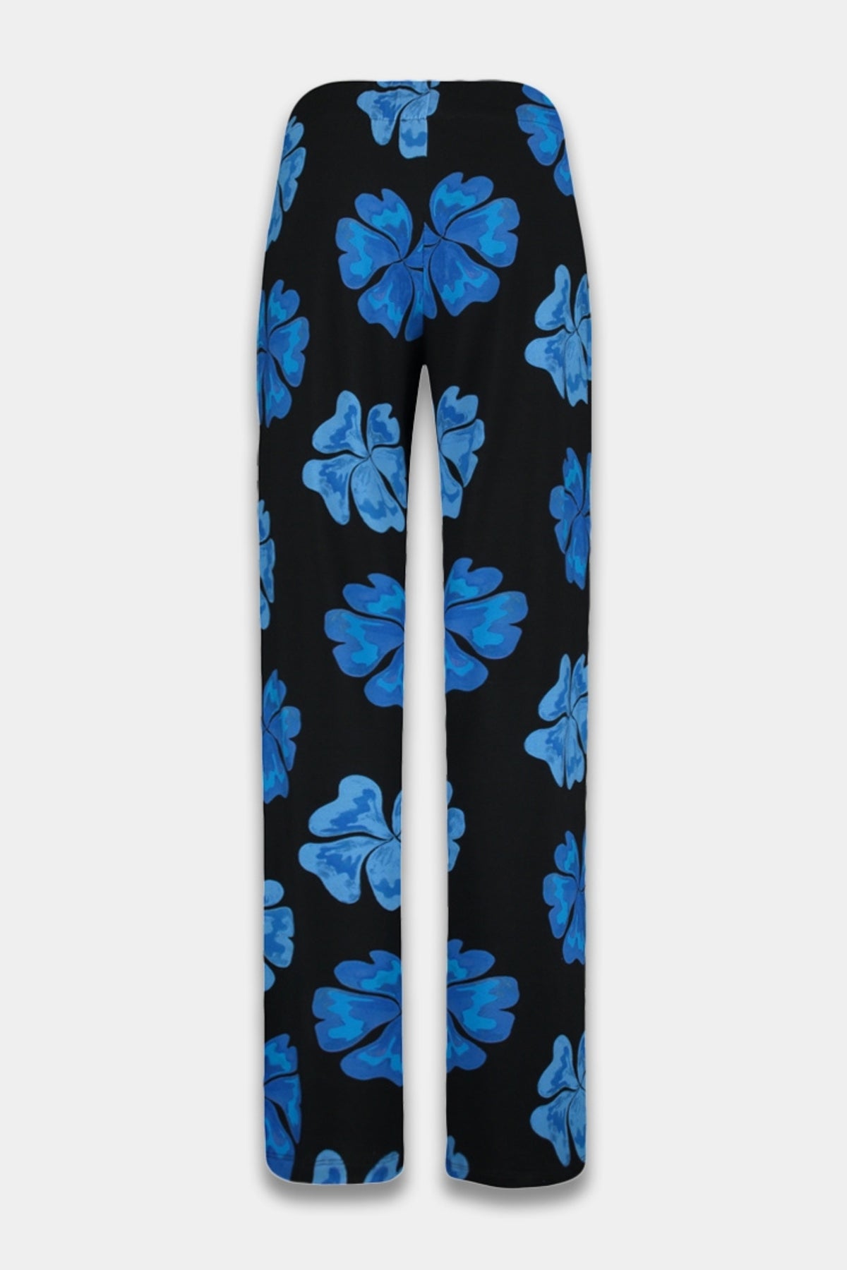 Harper & Yve broek Jane Blue Bloom met bloemenprint, soepel vallend en stijlvolle pasvorm, close-up van de stof en printdetails
