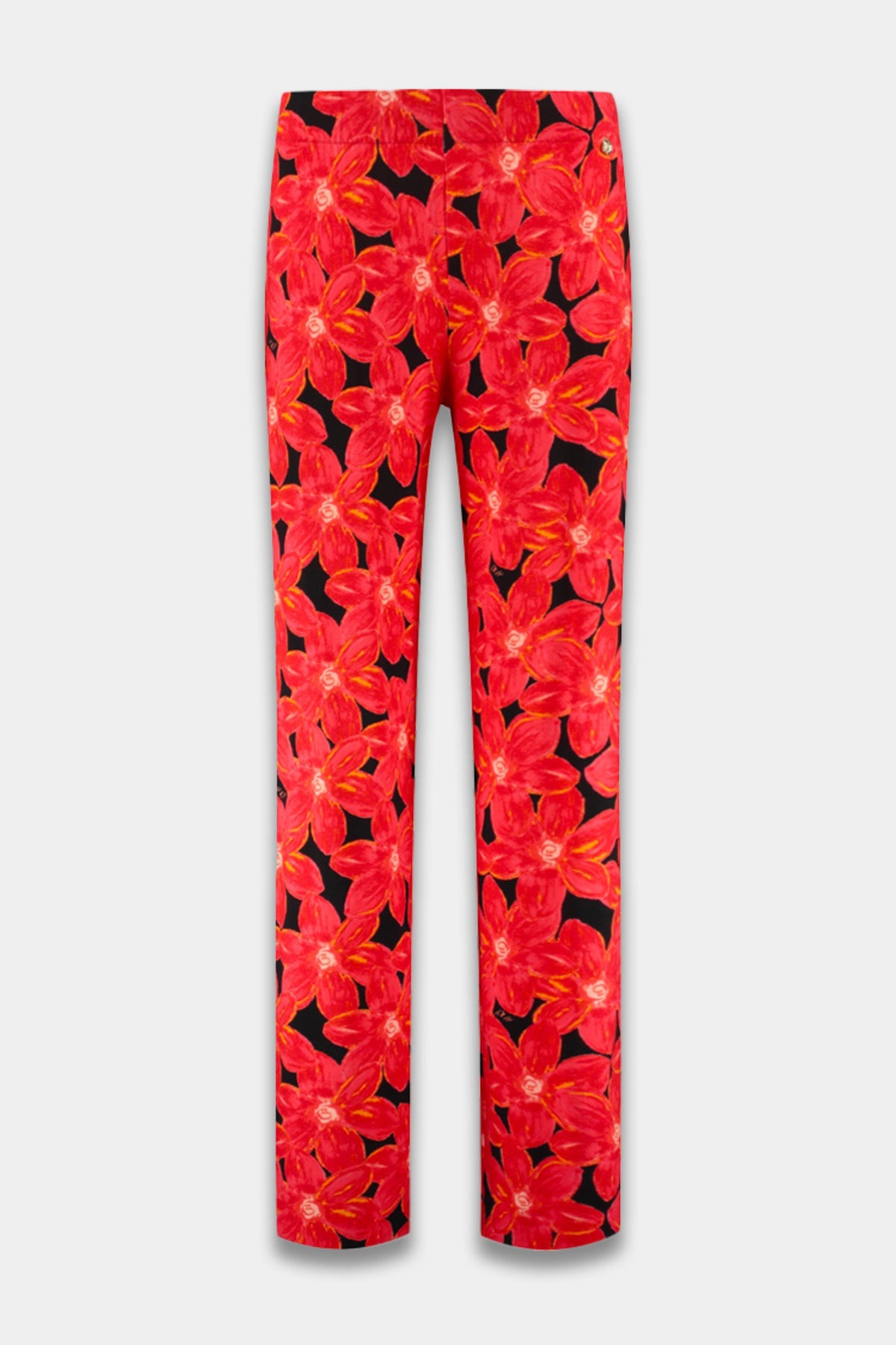 Harper & Yve Jane Spicy Red Flower broek met bloemenprint, zijaanzicht, stijlvolle damesmode, comfortabele pasvorm