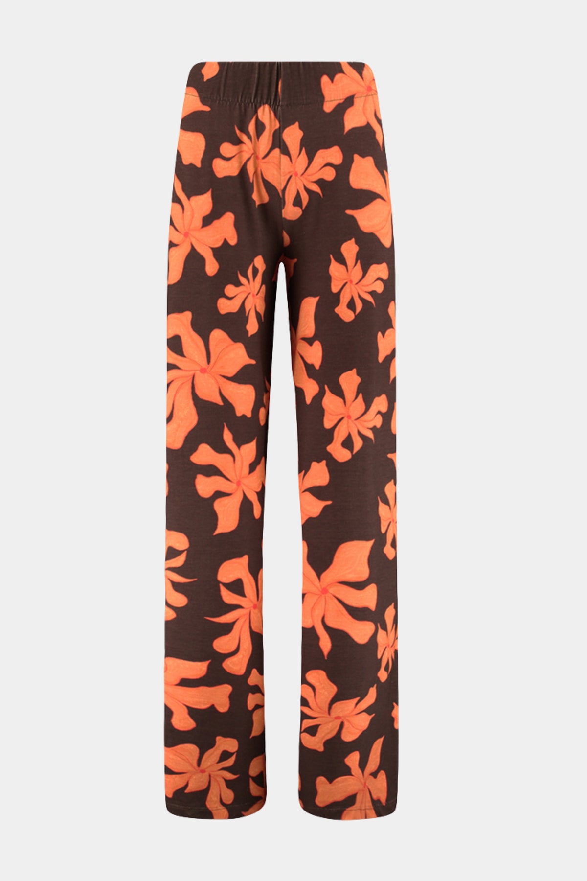 Oranje broek Jane Wild Flower van Harper & Yve met bloemenprint en comfortabele pasvorm, zichtbaar op de afbeelding.