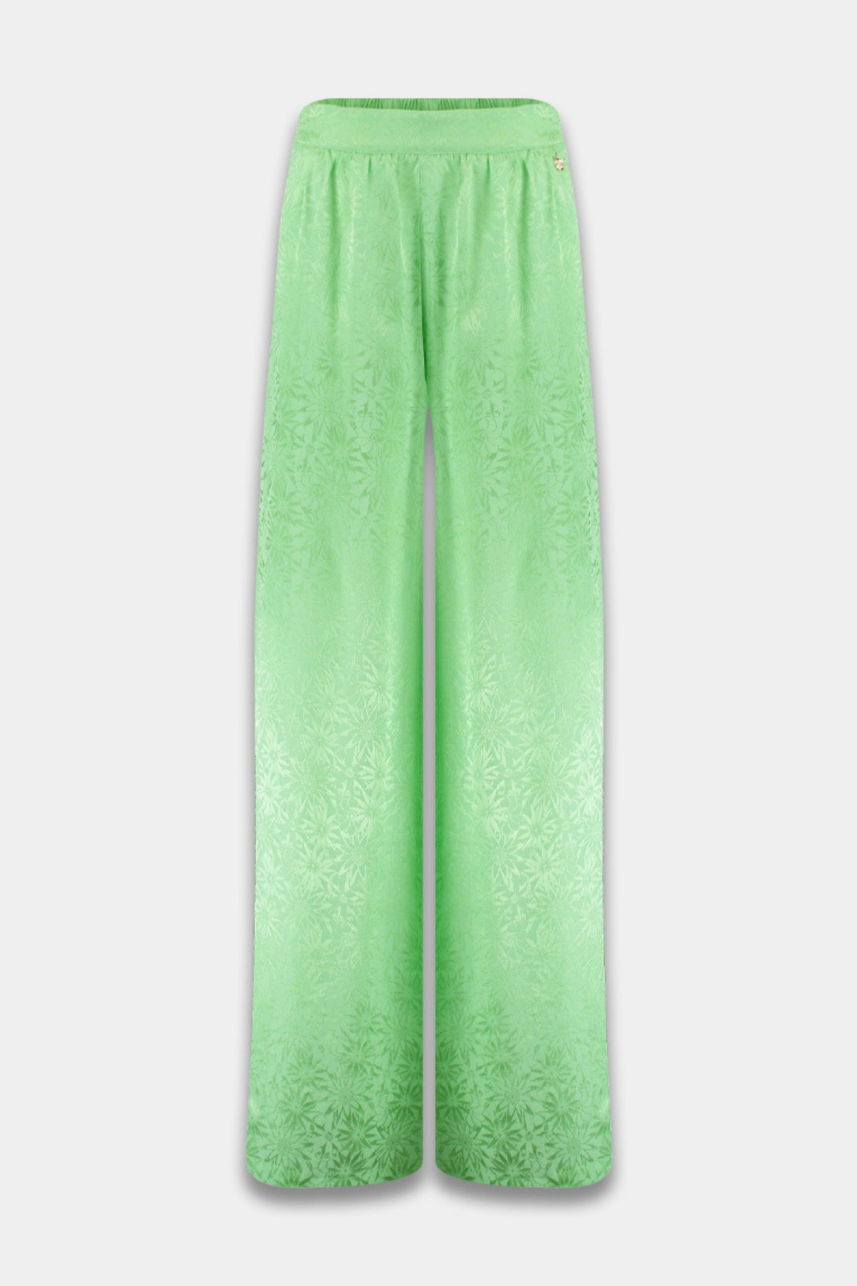 Harper & Yve Rosie Green Blossom broek, lichtgroen met bloemenprint, casual damesmode, zijdeachtig materiaal, comfortabele pasvorm