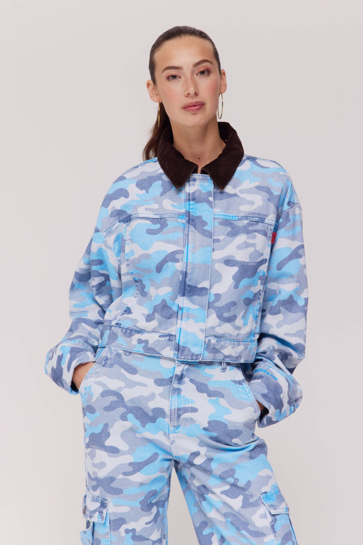 Harper & Yve Fiona blauwe camouflage jas met rits en capuchon, casual winterkleding voor dames
