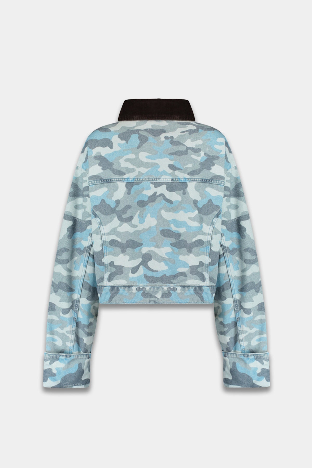 Harper & Yve Fiona blauwe camouflage jas met capuchon en ritssluiting, modieuze dameskleding voor herfst en winter.