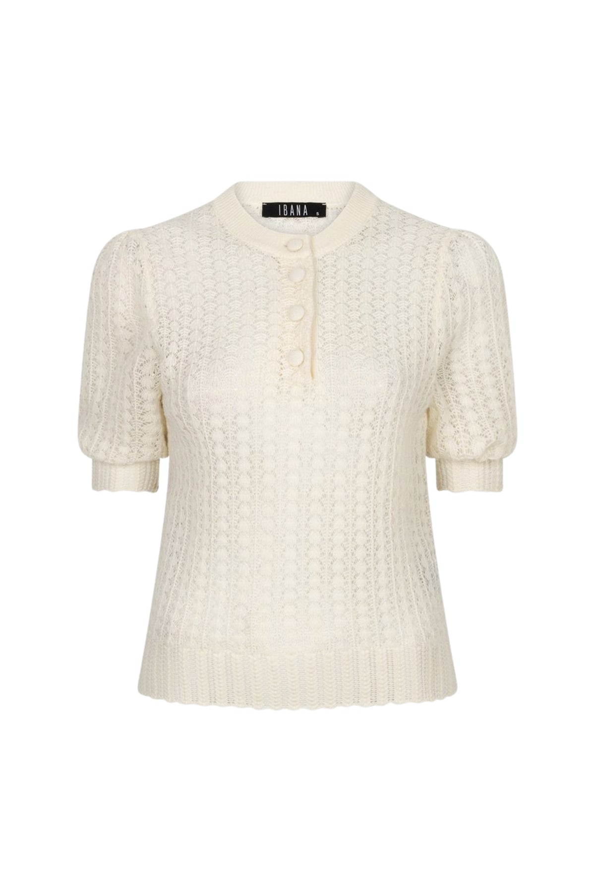 Witte Ibana Kylin Perla top met ronde hals en korte mouwen, gelegen op een witte achtergrond.