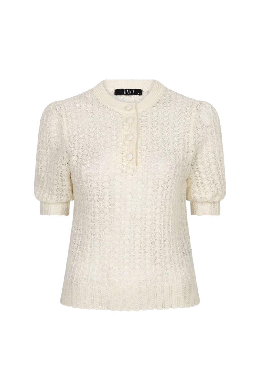 Witte Ibana Kylin Perla top met ronde hals en korte mouwen, gelegen op een witte achtergrond.