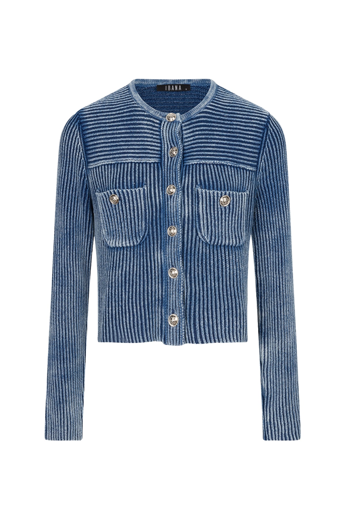 Ibana Kaycee gewassen blauwe vest met knopen en zakken, casual dameskleding, close-up van de stof en details