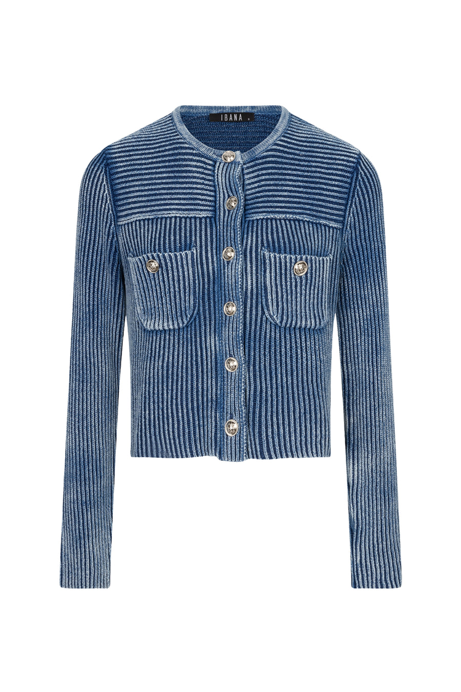 Ibana Kaycee gewassen blauwe vest met knopen en zakken, casual dameskleding, close-up van de stof en details
