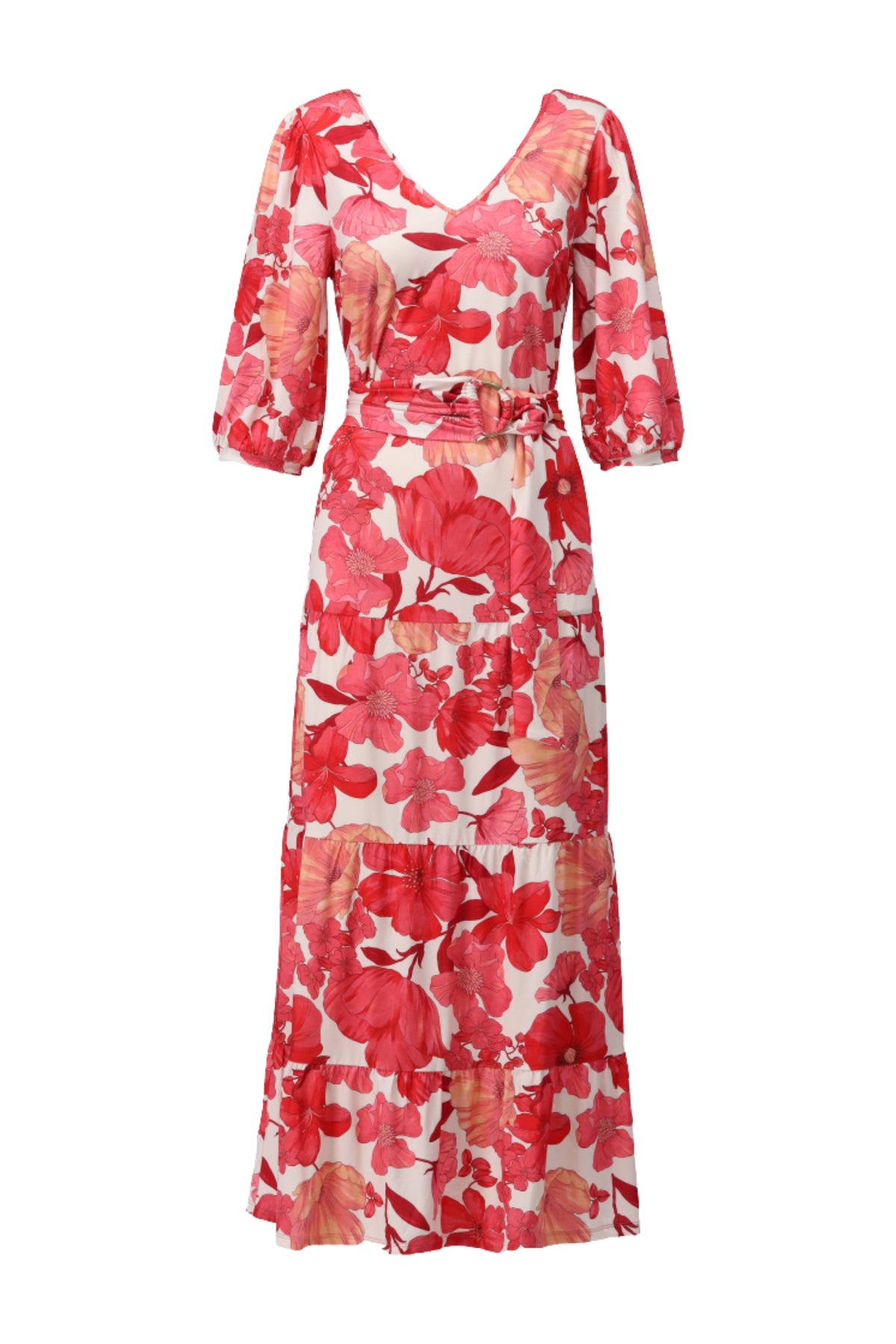 K-design maxi jurk met opvallend design, vloeiende stof en lange pasvorm voor elegante gelegenheden.