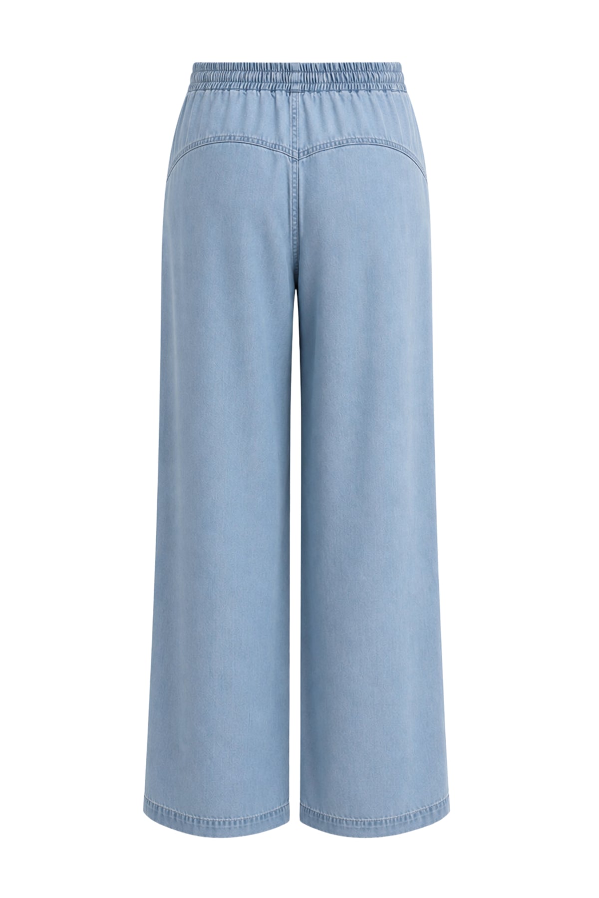 Lady Day Matilde Chambray broek met rechte pasvorm en elastische taille, zichtbaar in de afbeelding.