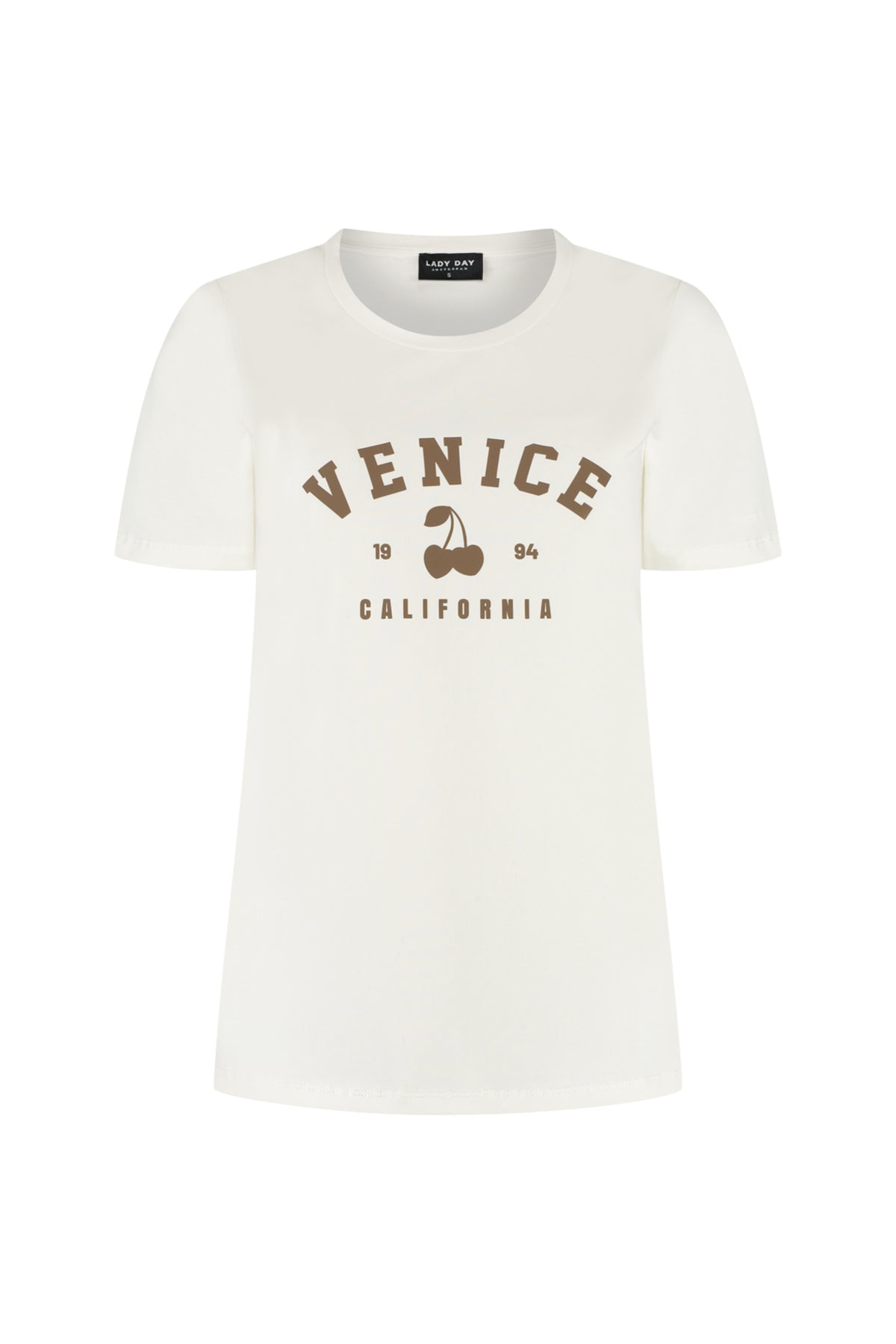 Simple witte Lady Day T-shirt met kersenprint, casual ontwerp, korte mouwen en comfortabele pasvorm.