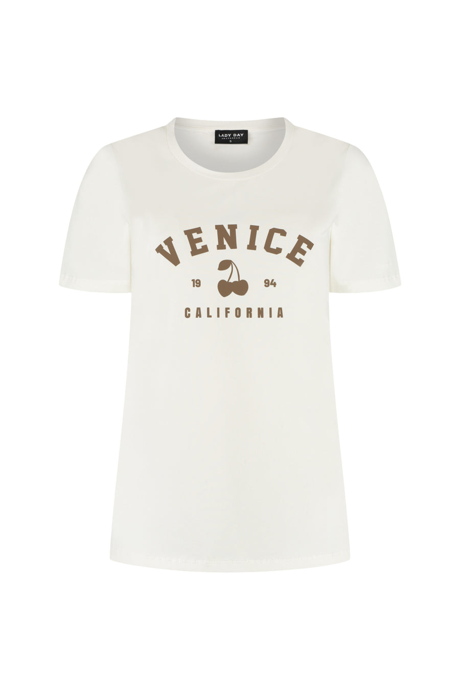 Simple witte Lady Day T-shirt met kersenprint, casual ontwerp, korte mouwen en comfortabele pasvorm.