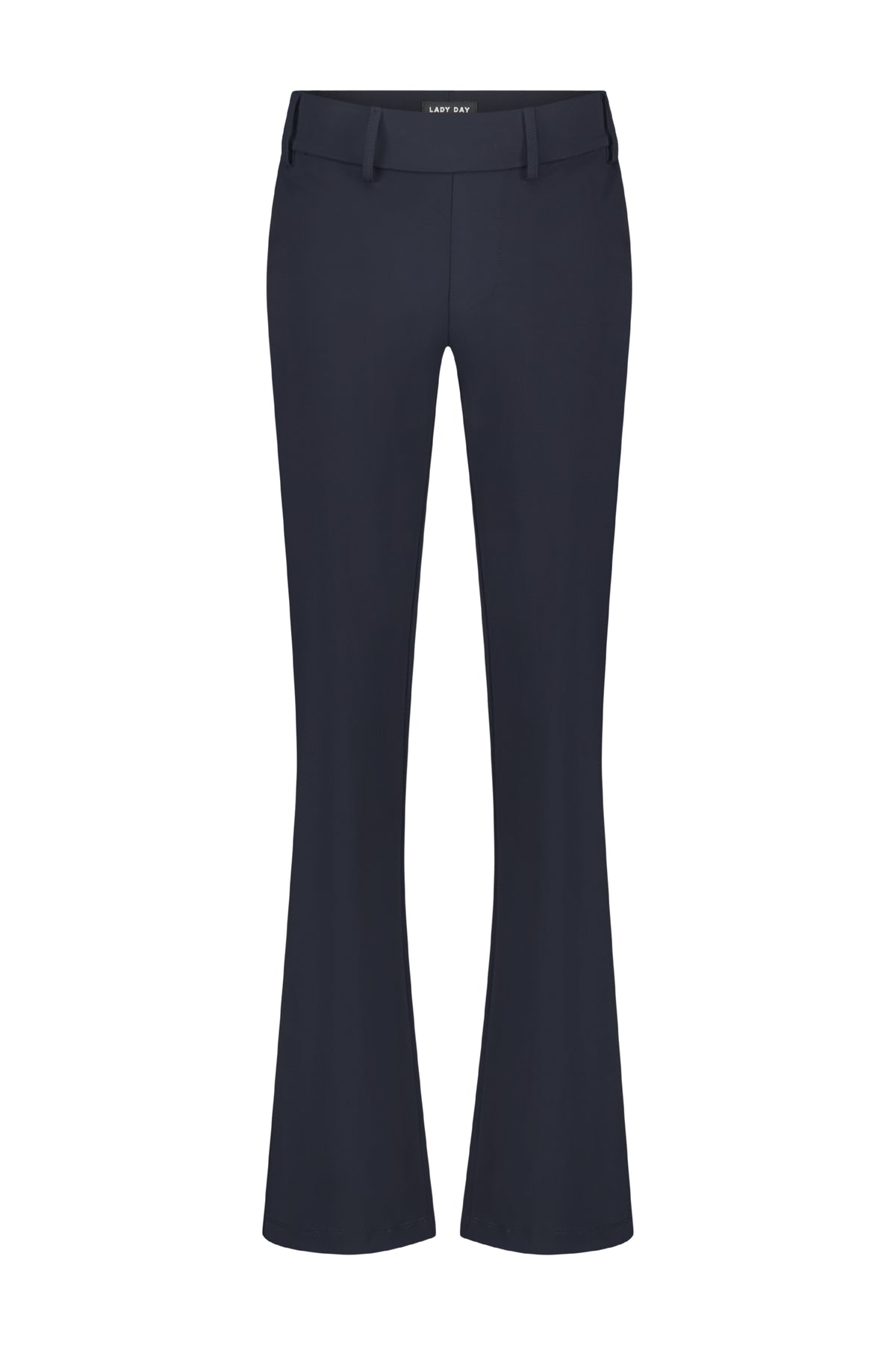 Lady Day reisbroek Poppy blauw met rechte snit en elastische taille, geschikt voor comfortabel reizen en dagelijks gebruik.