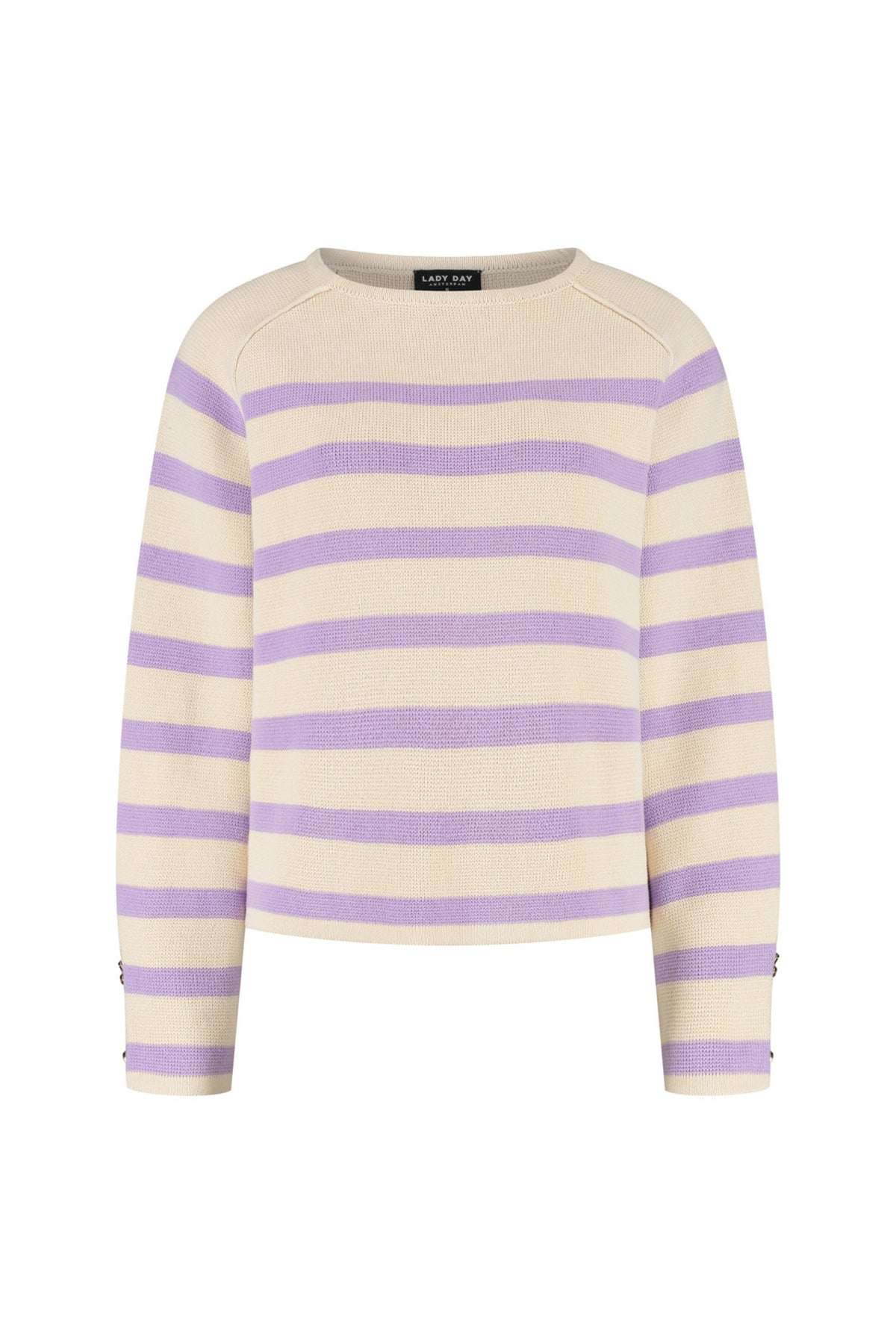 Lady Day Breton trui in crème en violet, lange mouw, zachte katoenen stof, geschikt voor casual en stijlvolle outfits.