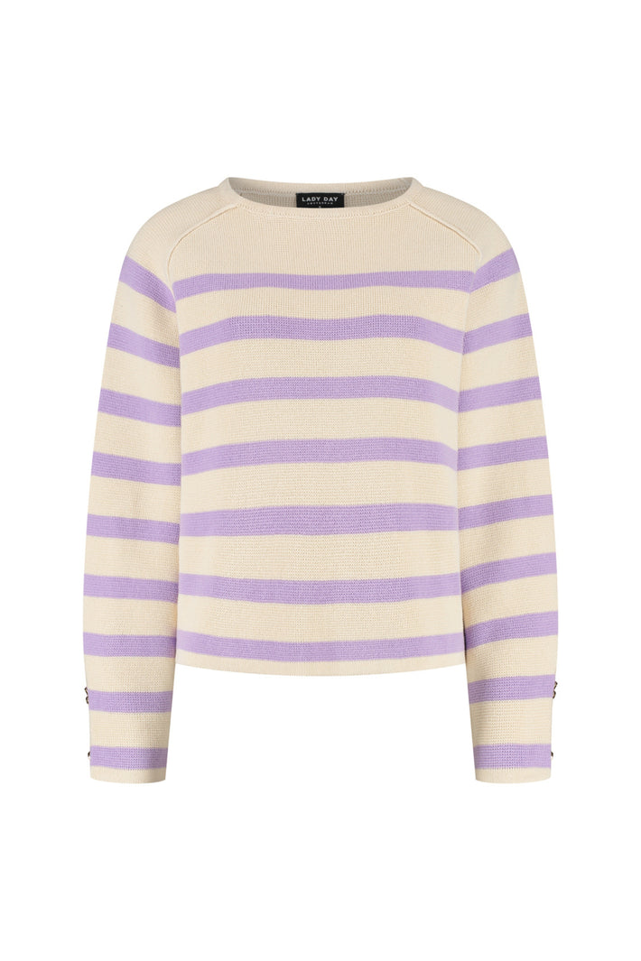 Lady Day Breton trui in crème en violet, lange mouw, zachte katoenen stof, geschikt voor casual en stijlvolle outfits.