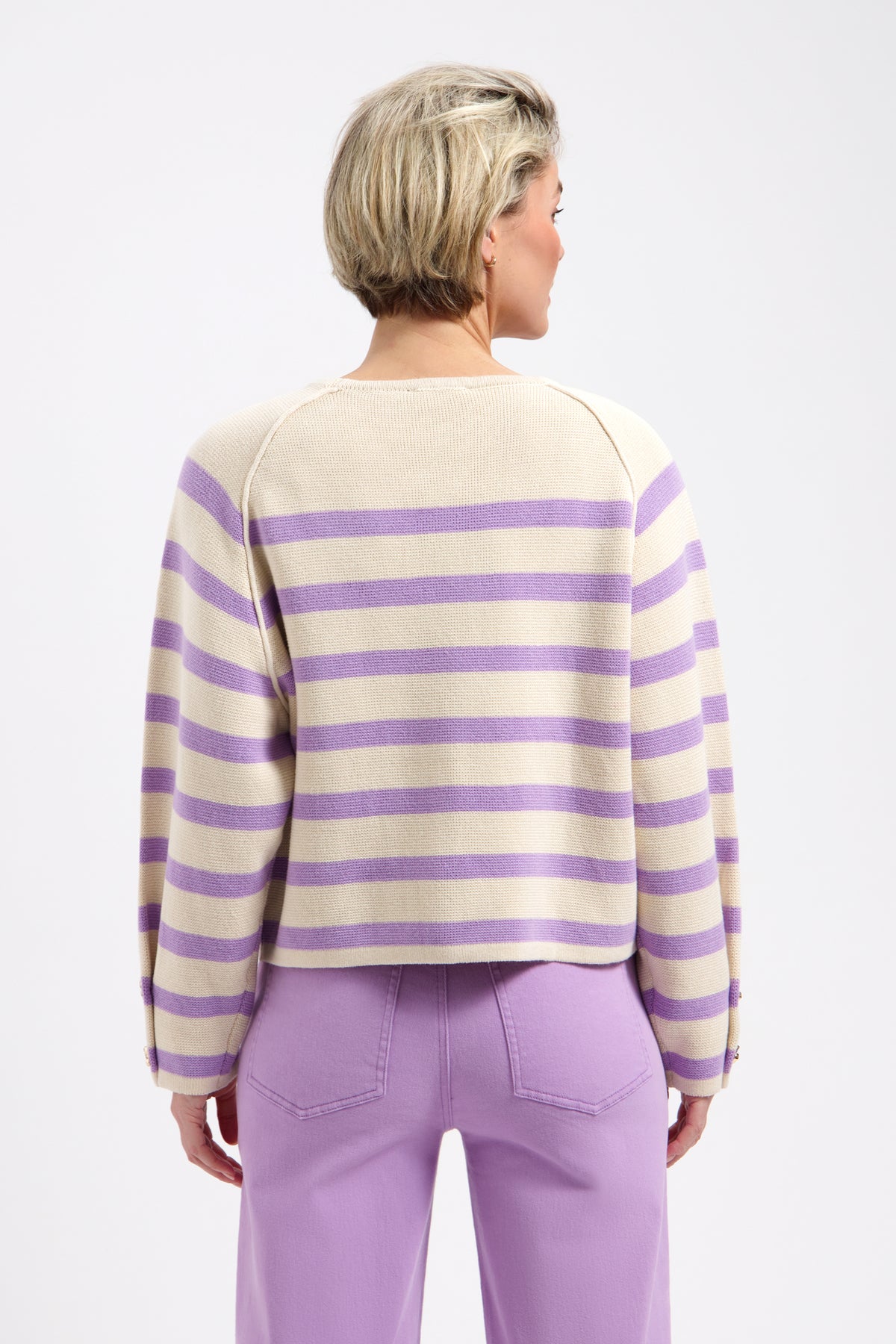 Lady Day Breton trui in crème en violet, comfortabele katoenen top met strepen, maat L.