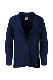 Reisjasje Daisy in navy van Maicazz & Zizo, lichtgewicht en comfortabel voor reizen, met capuchon en meerdere zakken.