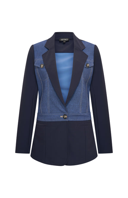 Mi Piace Bonded Travel Blazer Denim Print Dark Blue 202706 Stretchshop.nl