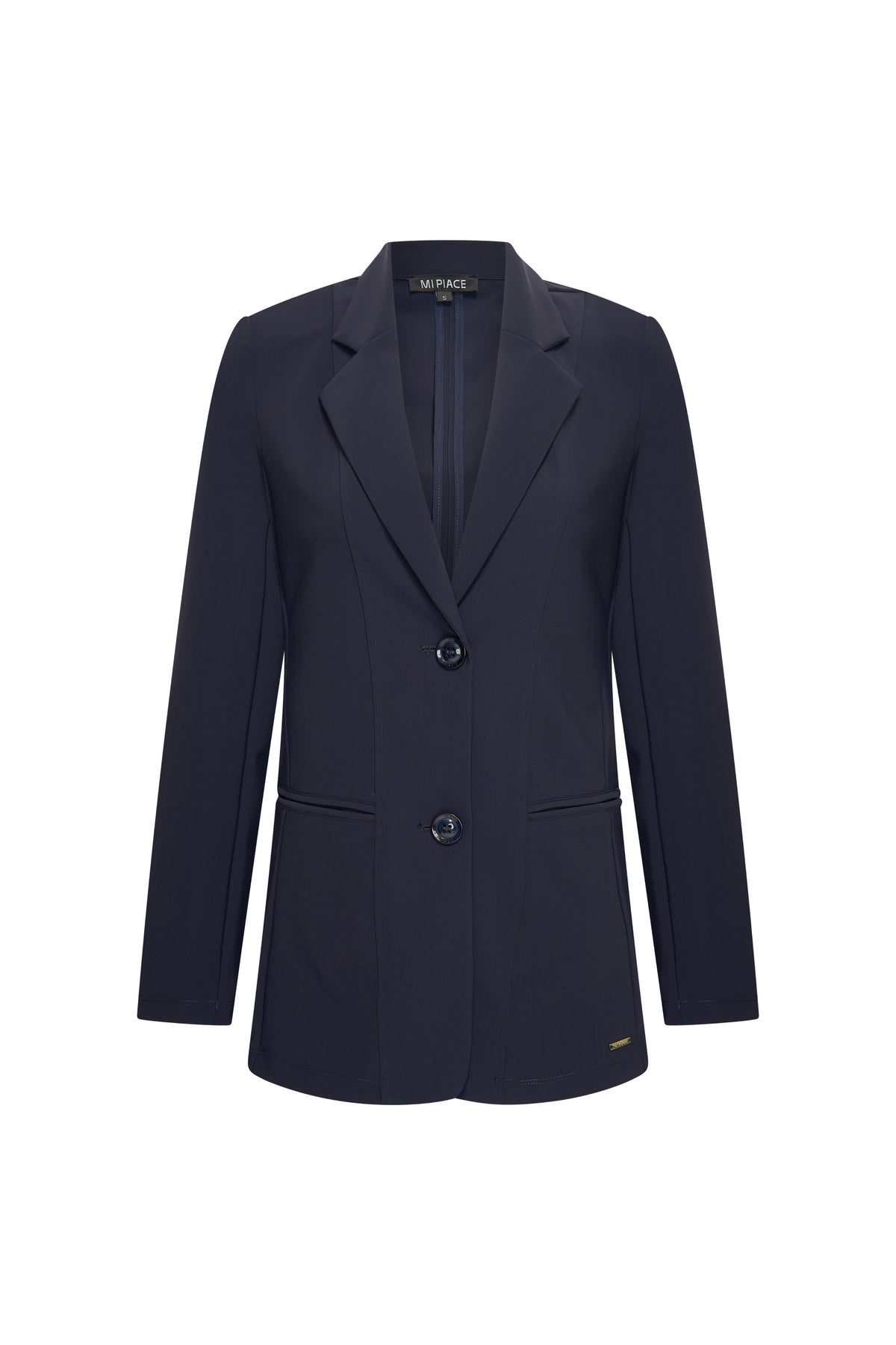 Mi Piace bonded travel blazer in navy, close-up van de stijlvolle, getailleerde herenblazer met nette uitstraling.