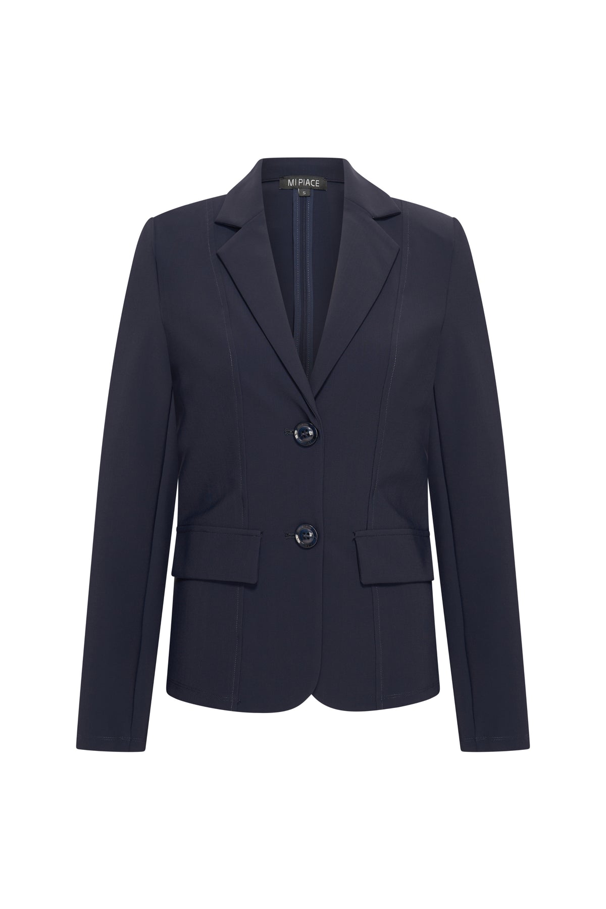 Mi Piace bonded travel blazer in navy, close-up van de stof en pasvorm, geschikt voor zakelijke en casual gelegenheden