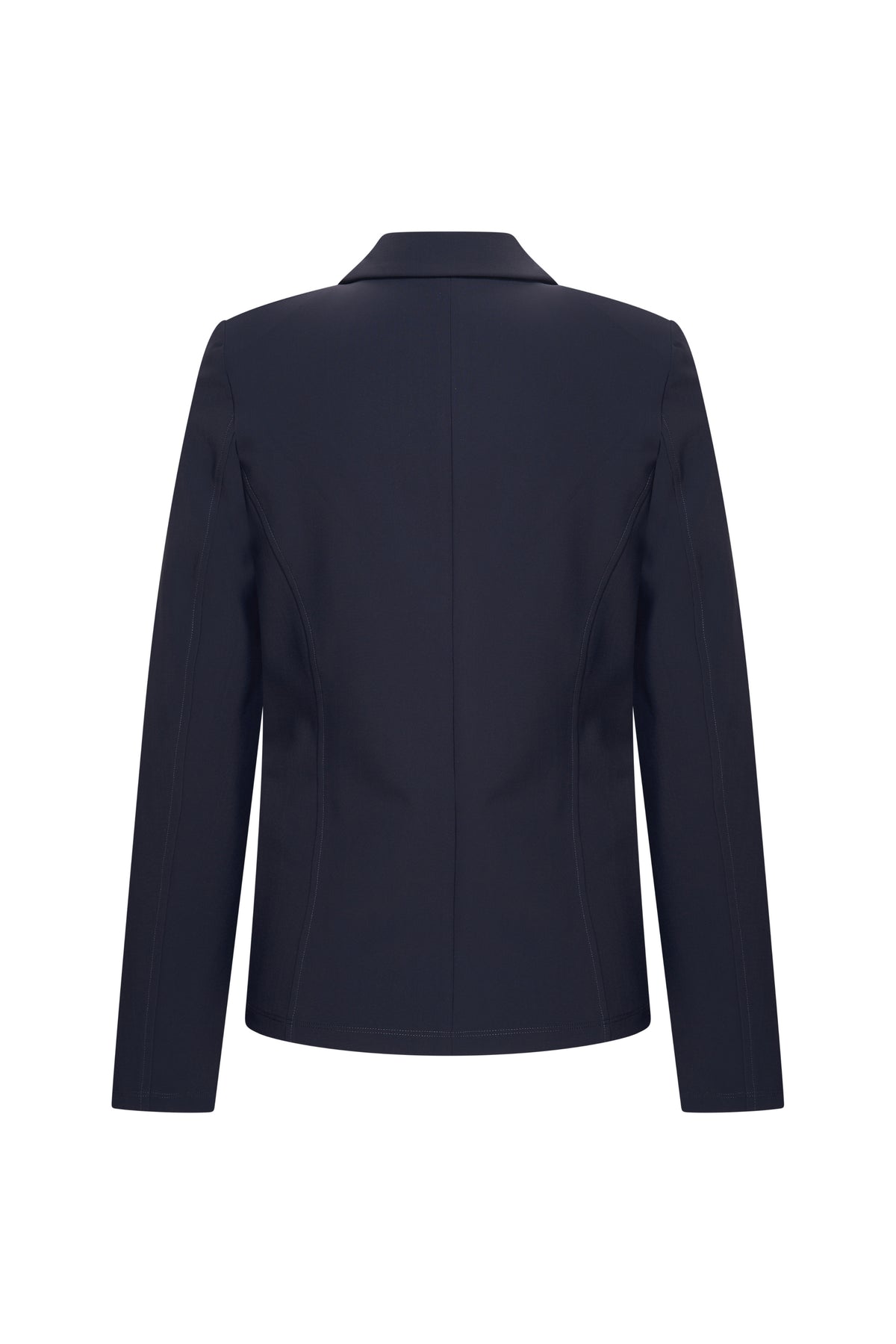 Navy blauwe Bonded Travel Blazer van Mi Piace, close-up van de stoffen en pasvorm.