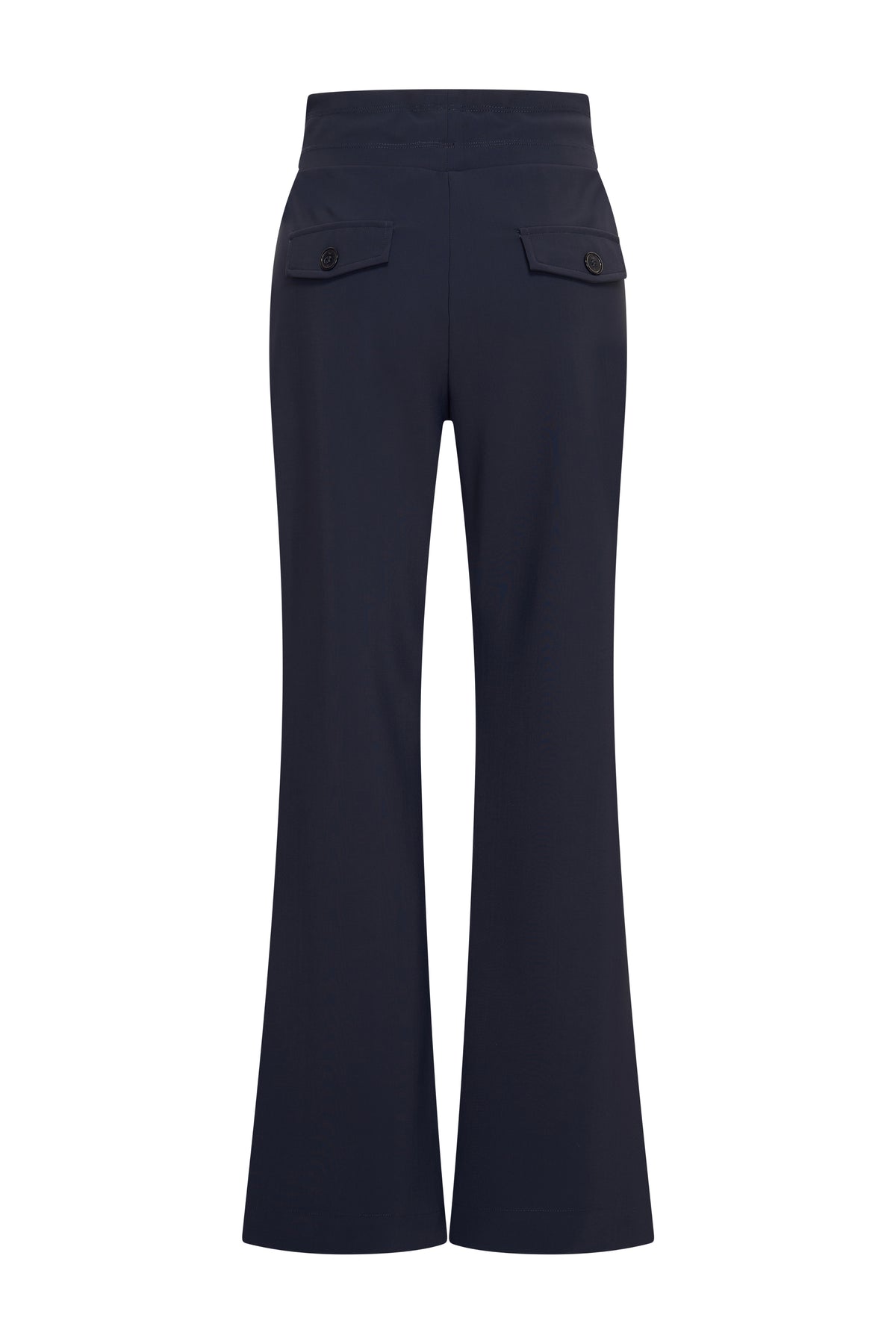 Navy blauwe bonded travel flared broek van Mi Piace, getoond in een close-up met vouwen en comfortabele pasvorm.