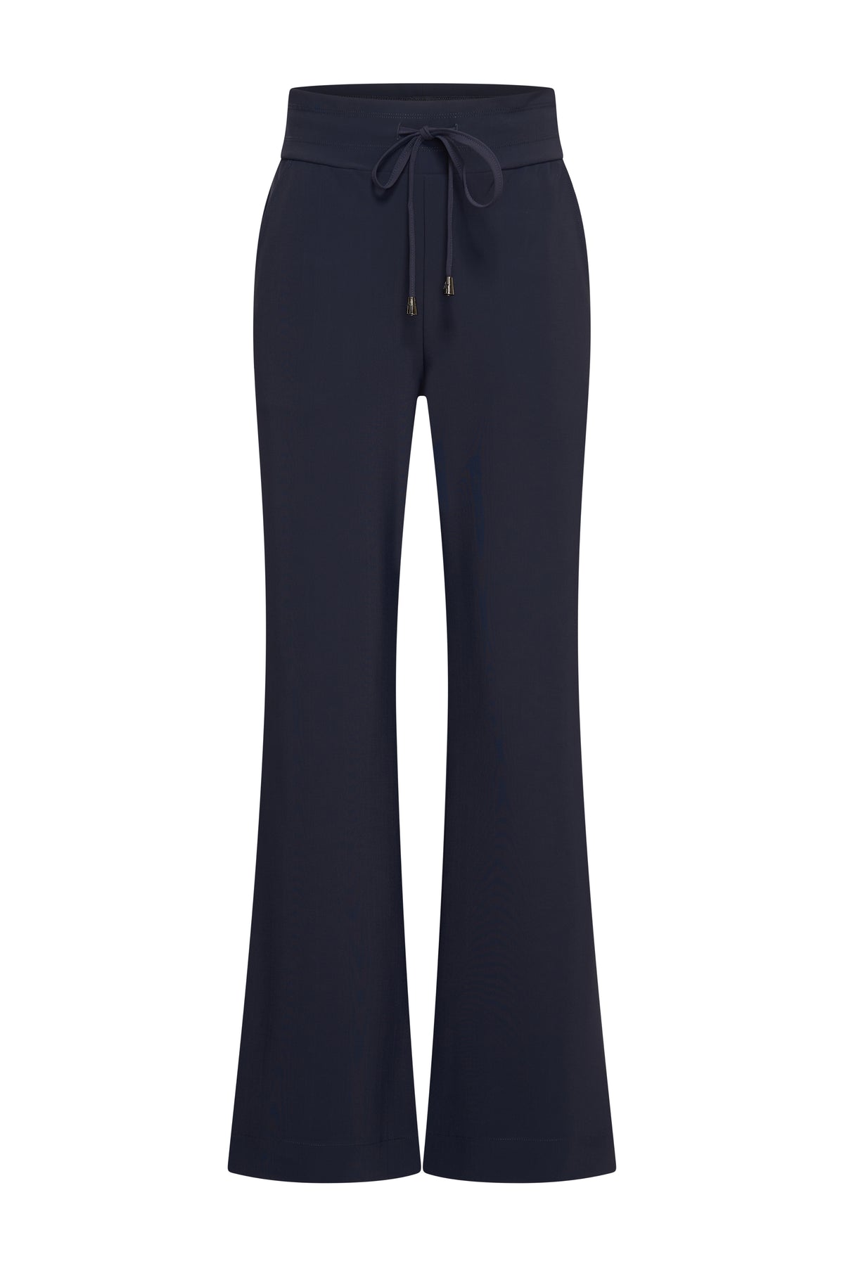 Donkere blauwe flared bonded travel broek van Mi Piace, comfortabel en stijlvol, geschikt voor reizen en casual dragen.