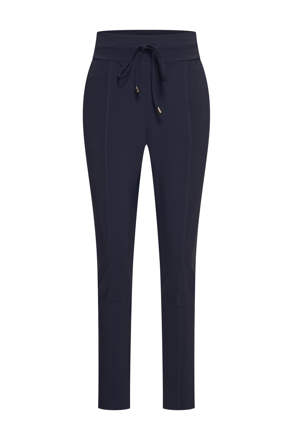 Navy bonded travel broek van Mi Piace, comfortabel en stijlvol, met een strakke pasvorm en praktische details.