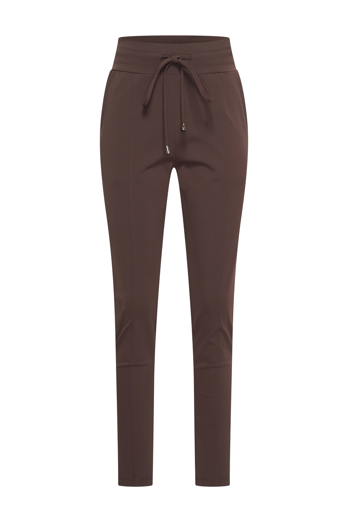 Dames travel broek van Mi Piace in espresso kleur, zachte stof, comfortabele pasvorm en praktische zakken.