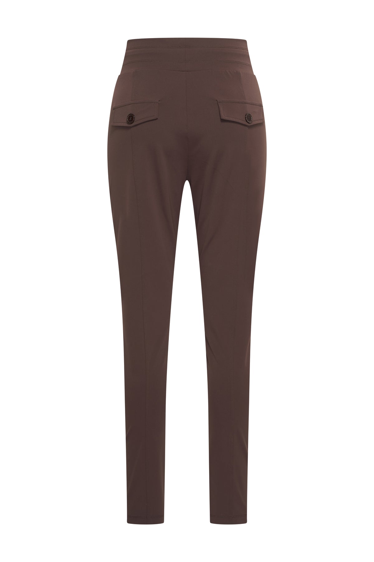 Mi Piace Travel Broek Espresso met comfortabele pasvorm en praktische zakken, geschikt voor reizen en dagelijks gebruik.