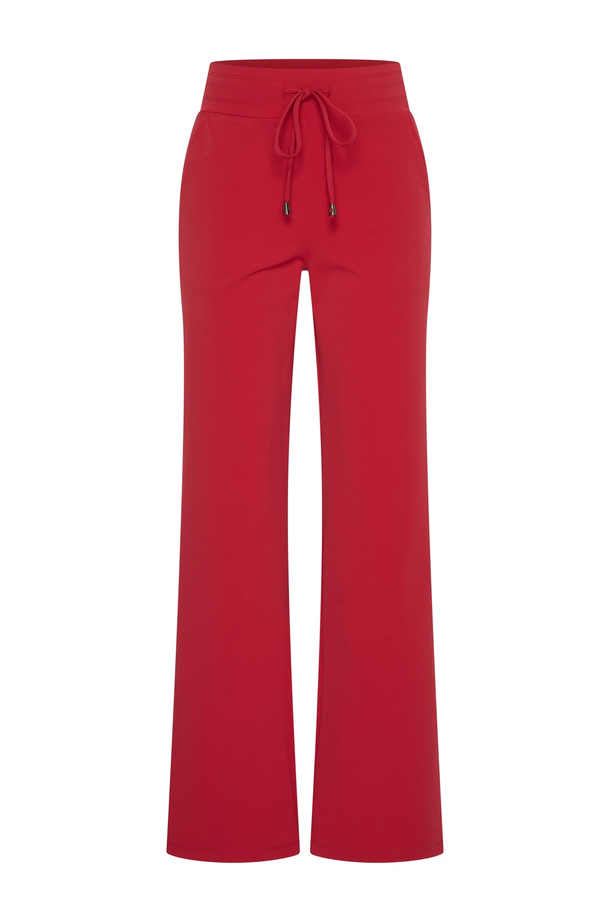 Mi Piace Heavy Travel broek flared in donkerrood, getoond met hoge taille en elastische band, comfortabel en modieus voor reizen.