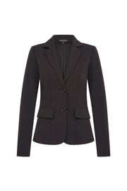 Zwarte travel blazer van Mi Piace, stijlvolle en comfortabele jas voor onderweg, zichtbaar met knopen en zakken.
