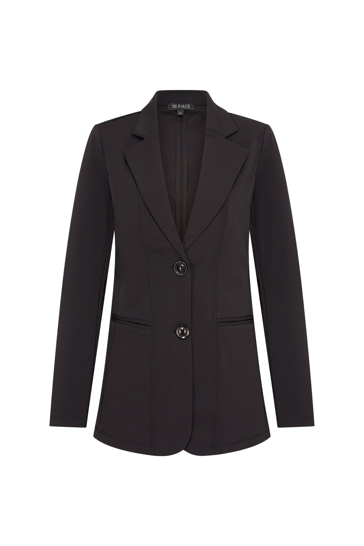 Zwarte reisblazer van Mi Piace, stijlvolle en comfortabele jas voor zakelijke en reisdoeleinden, zichtbaar op de afbeelding.