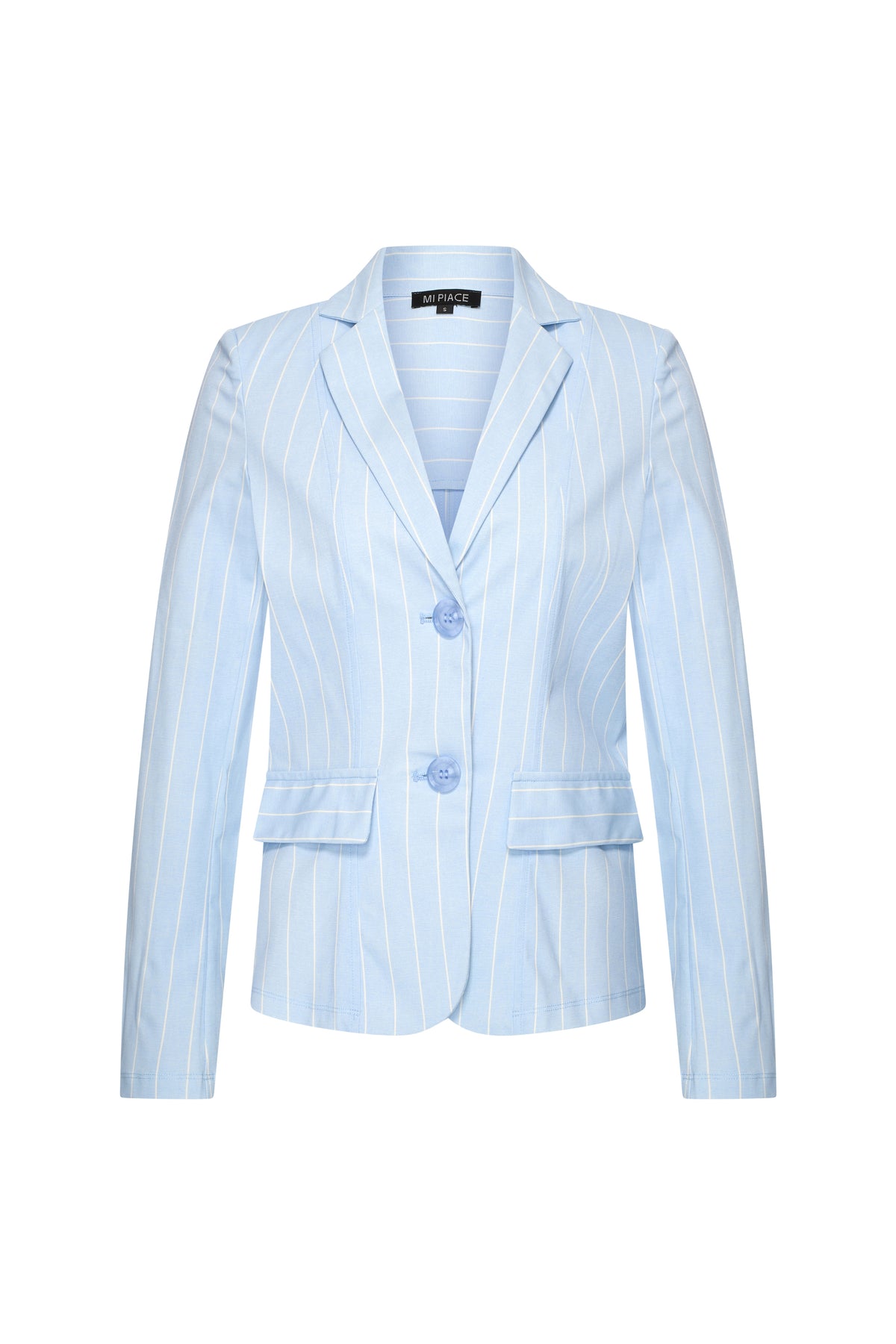 Mi Piace reisblazer met klassieke strepen in lavendelblauw, stijlvolle en comfortabele jas voor onderweg.