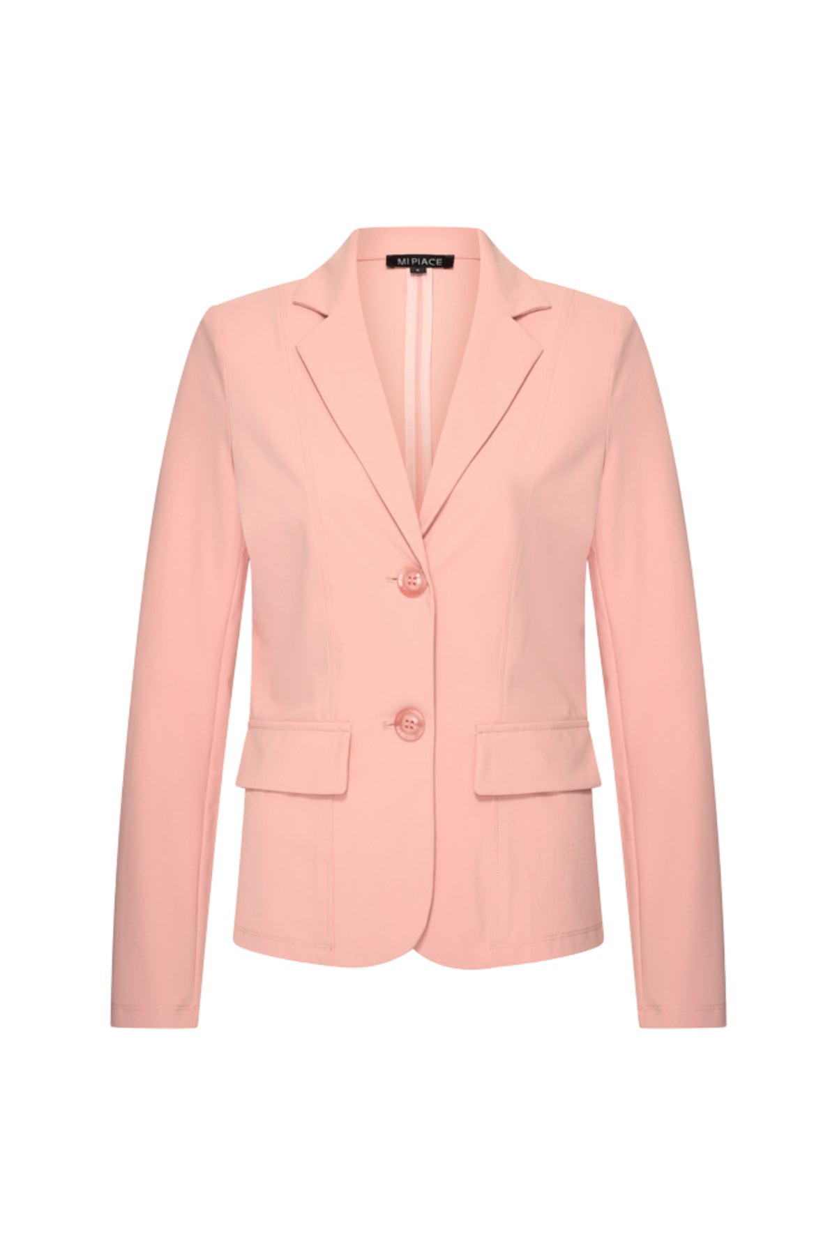 Mi Piace Travel Blazer Mellow Rose, lichtroze damesblazer met stijlvolle pasvorm en comfortabele stof, geschikt voor reizen en casual dragen.