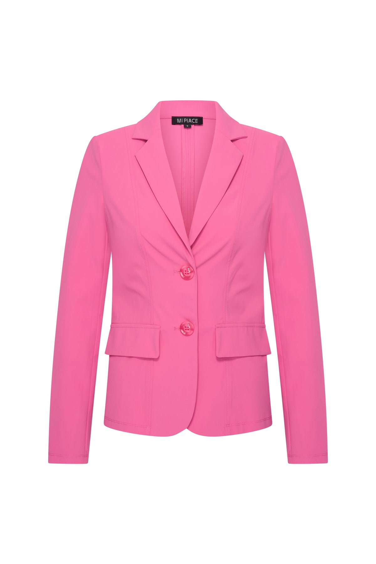 Roze Travel Blazer van Mi Piace, getailleerd jack met stijlvolle revers en knoopsluiting, geschikt voor zakelijke en casual gelegenheden.