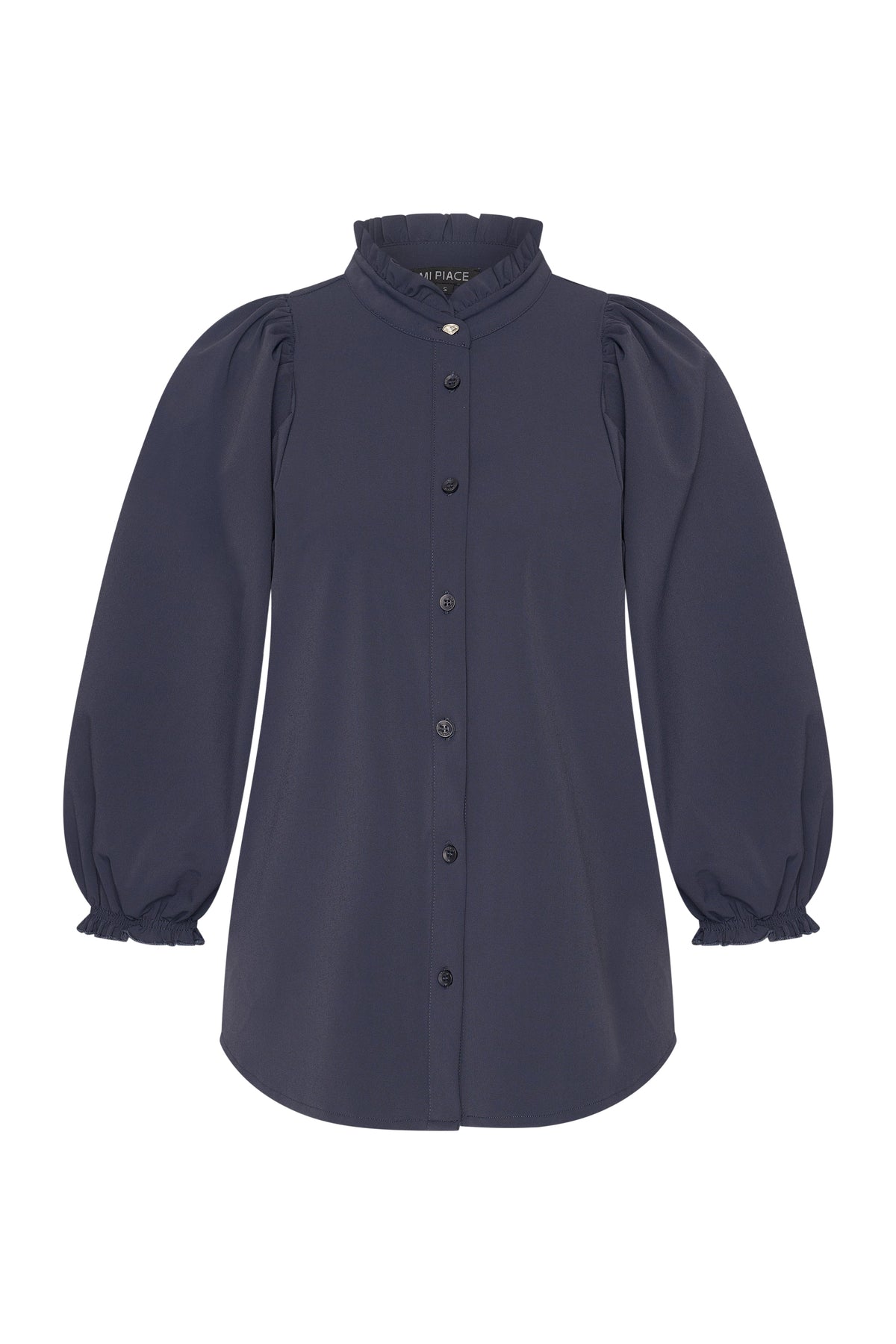 Navy blauwe Travel blouse met ballonmouwen van Mi Piace, elegante dames overhemd voor reizen en casual dragen.