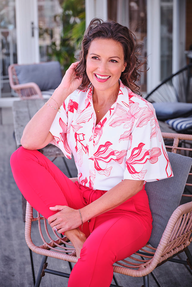 Mi Piace Travel Blouse Wijde Mouw Line Flower Print Offwhite Red 202502 Stretchshop.nl