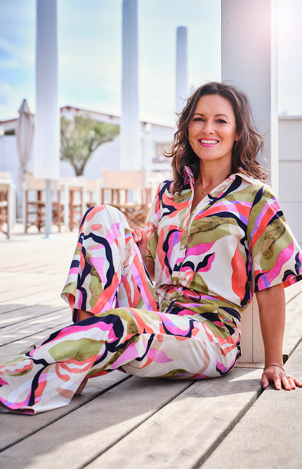Mi Piace Travel Blouse Wijde Mouw Picasso Print Multicolour 202502 Stretchshop.nl