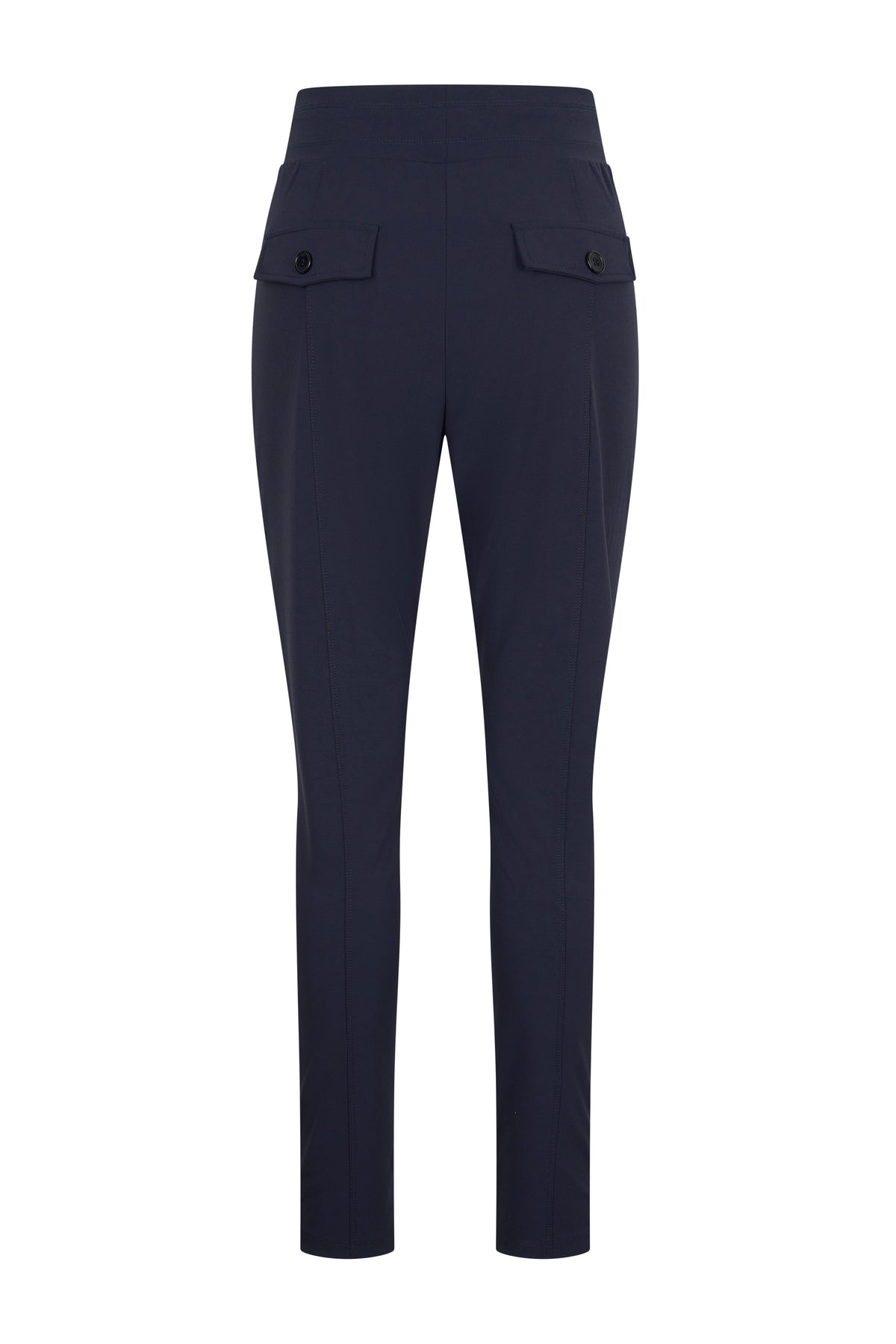 Navy blauwe reisbroek van Mi Piace, comfortabel en stijlvol, met praktische zakken en een losse pasvorm.