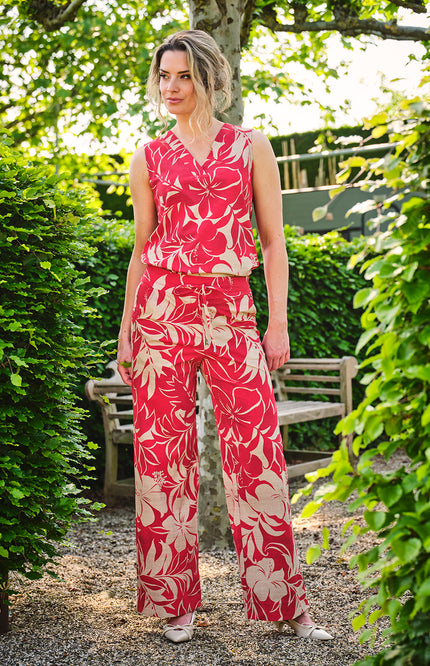Travel Broek Tropical Hibiscus Print Red 202433