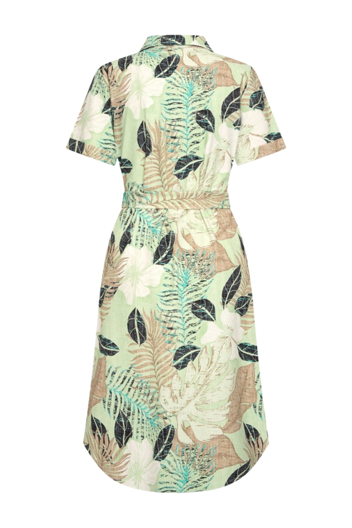 Mi Piace travel jurk met botanische print in pistachekleur, lichte en luchtige zomerjurk voor vakantie en casual draagstijl.