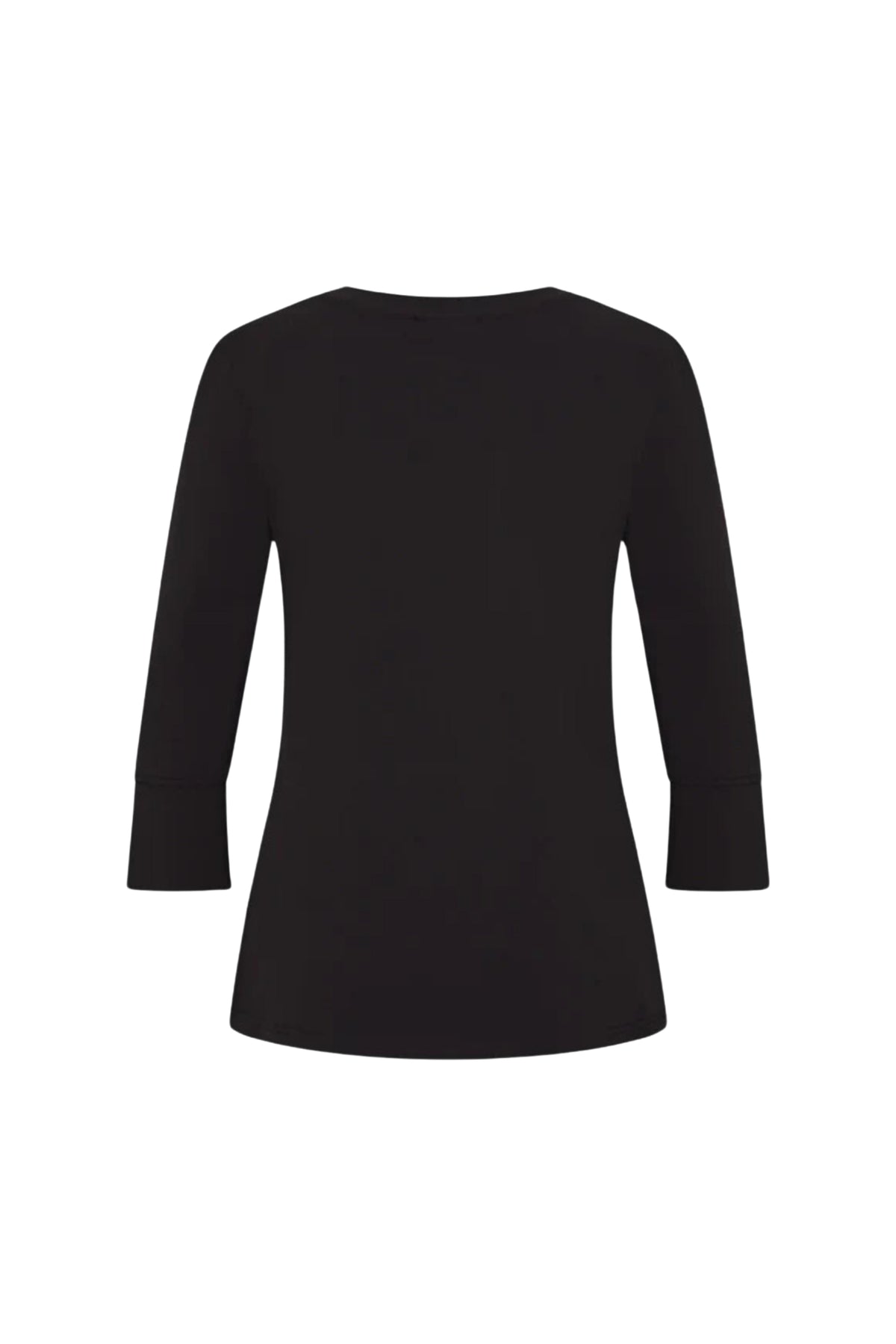 Zwarte Travel Top van Mi Piace, casual top met ronde hals en korte mouwen, gedragen door een persoon.