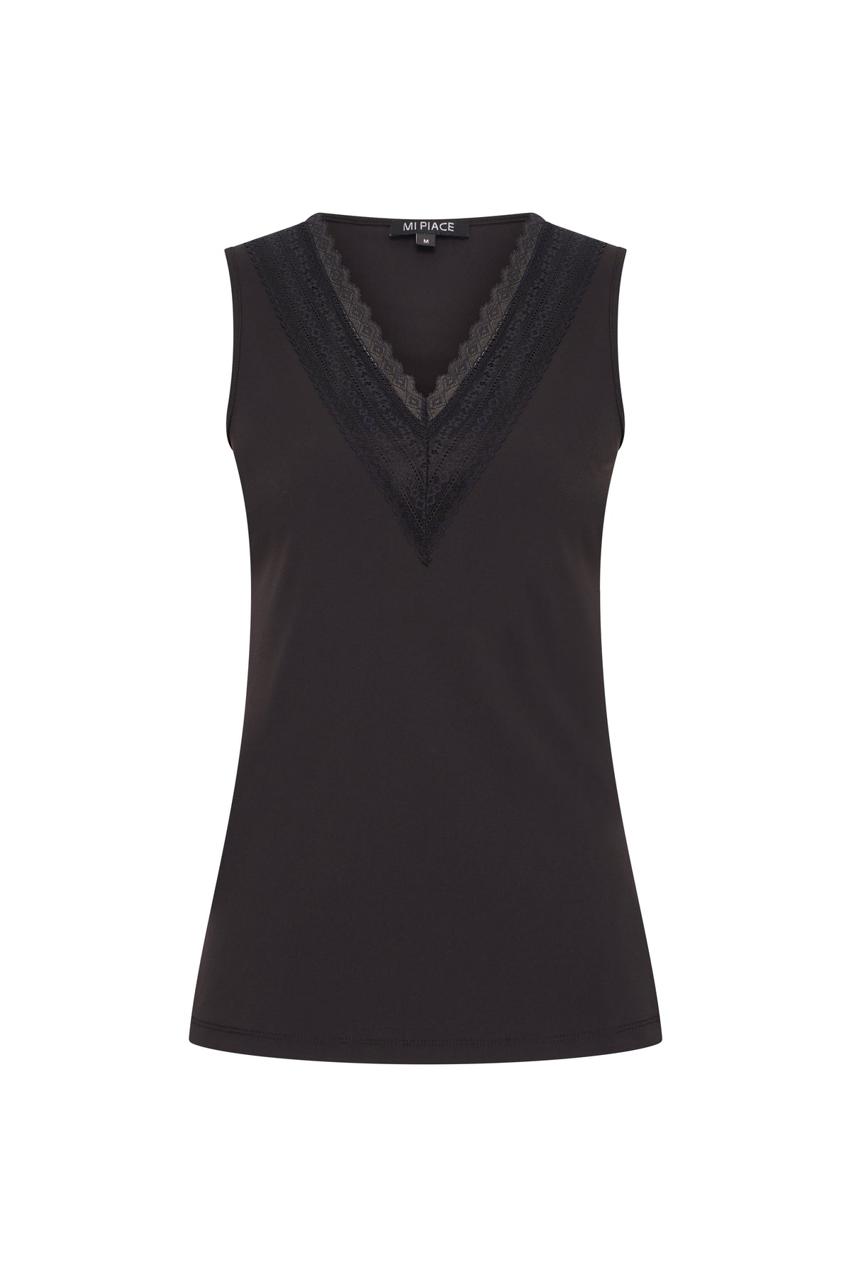 Zwarte Travel Top van Mi Piace ligt plat, zichtbaar met ronde hals en korte mouwen, geschikt voor reizen en casual dragen.