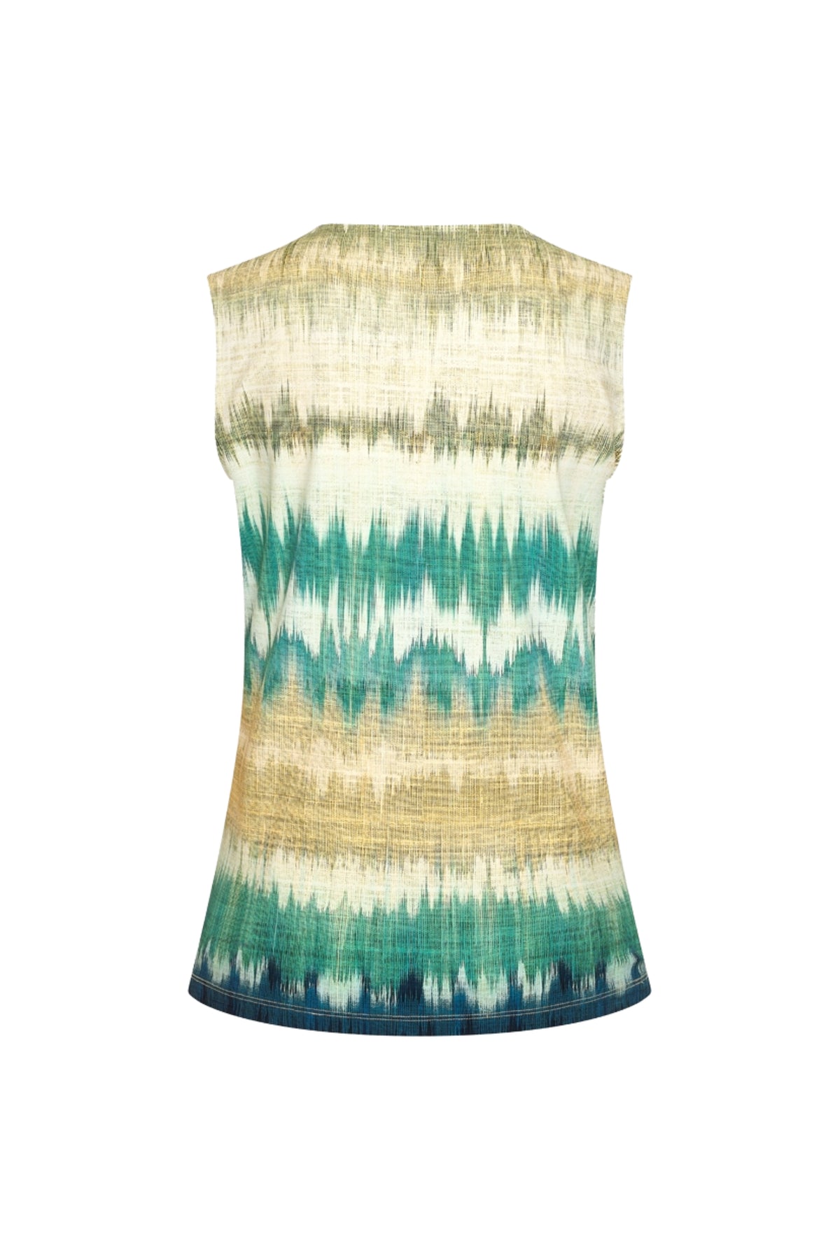 Mi Piace reis top met ikat print in pistachekleur, licht en comfortabel voor reizen en dagelijks gebruik.