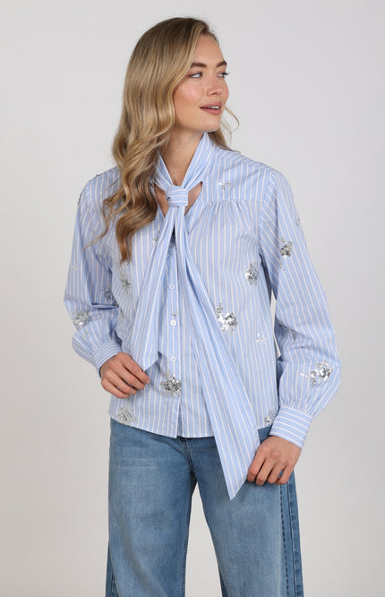 Blouse Aliana Stripe Paillet Sky Offwhite NKF02127