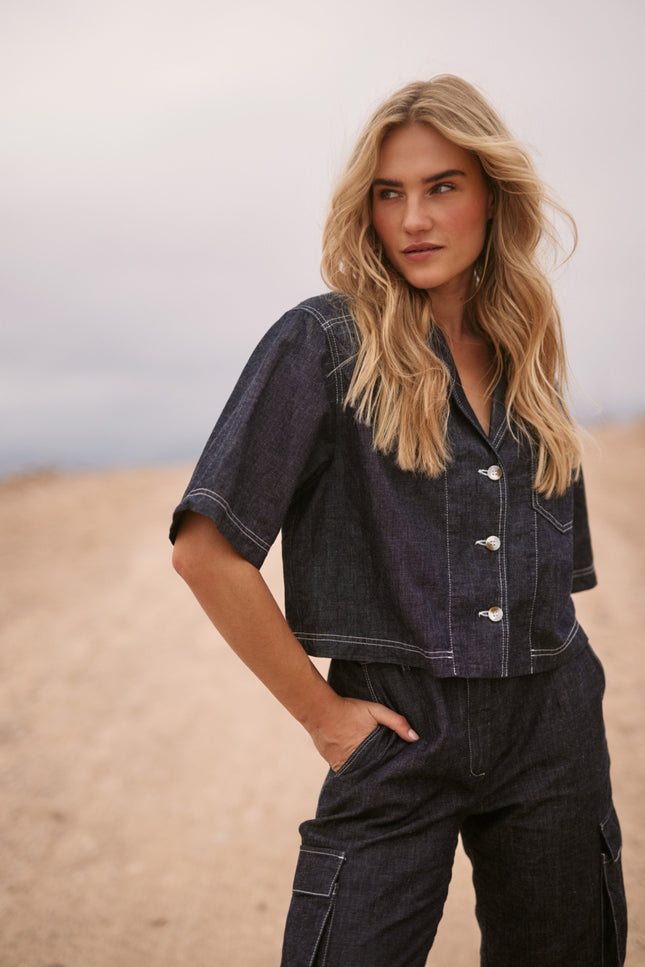 Nukus Blouse Charlie Dark Denim NKS02069 Stretchshop.nl