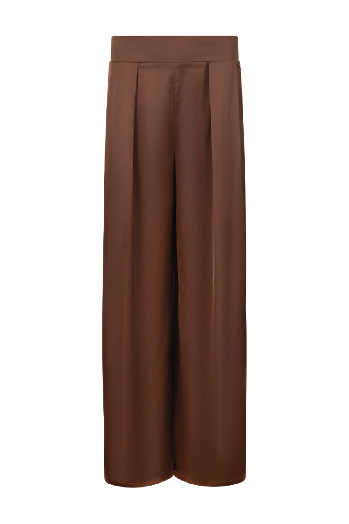 Nukus June Shiny Espresso broek, glanzende zwarte damesbroek met elastische taille, modieus en comfortabel.