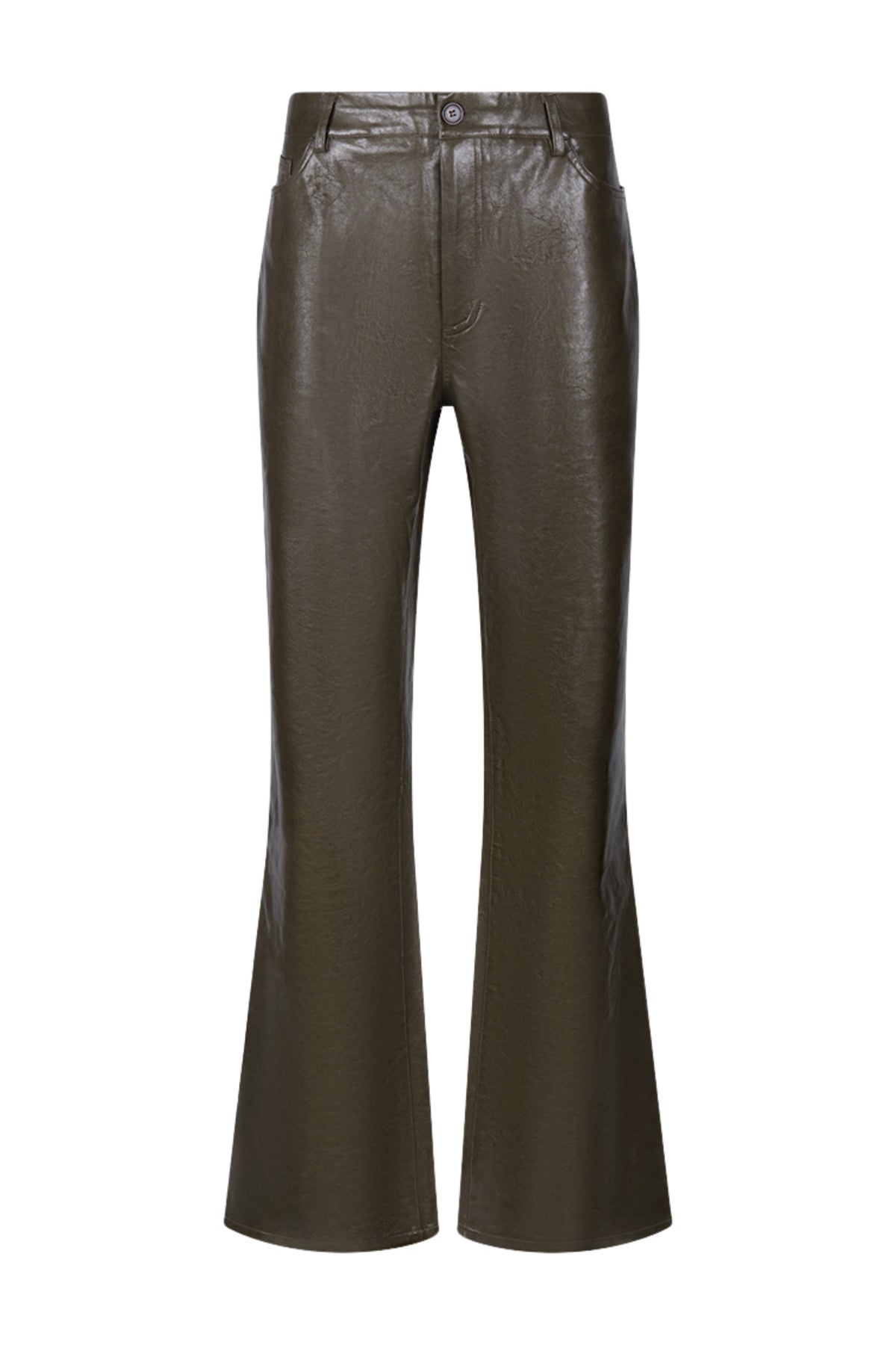 Nukus Patricia PU Moss broek met elastische taille en pasvorm, in groene kleur, close-up van de stof en details