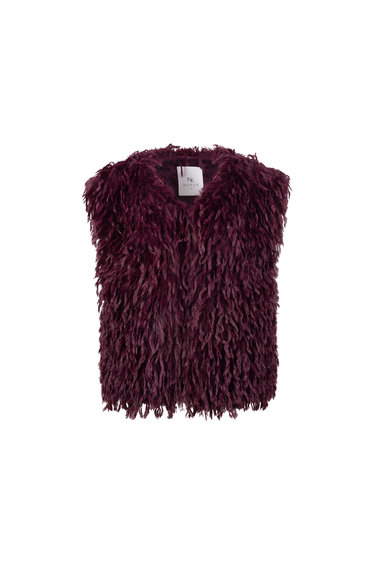 Nukus Gilet Mila Feather Cherry met donzige vulling en verstelbare capuchon, geschikt voor dames en comfortabel om te dragen.