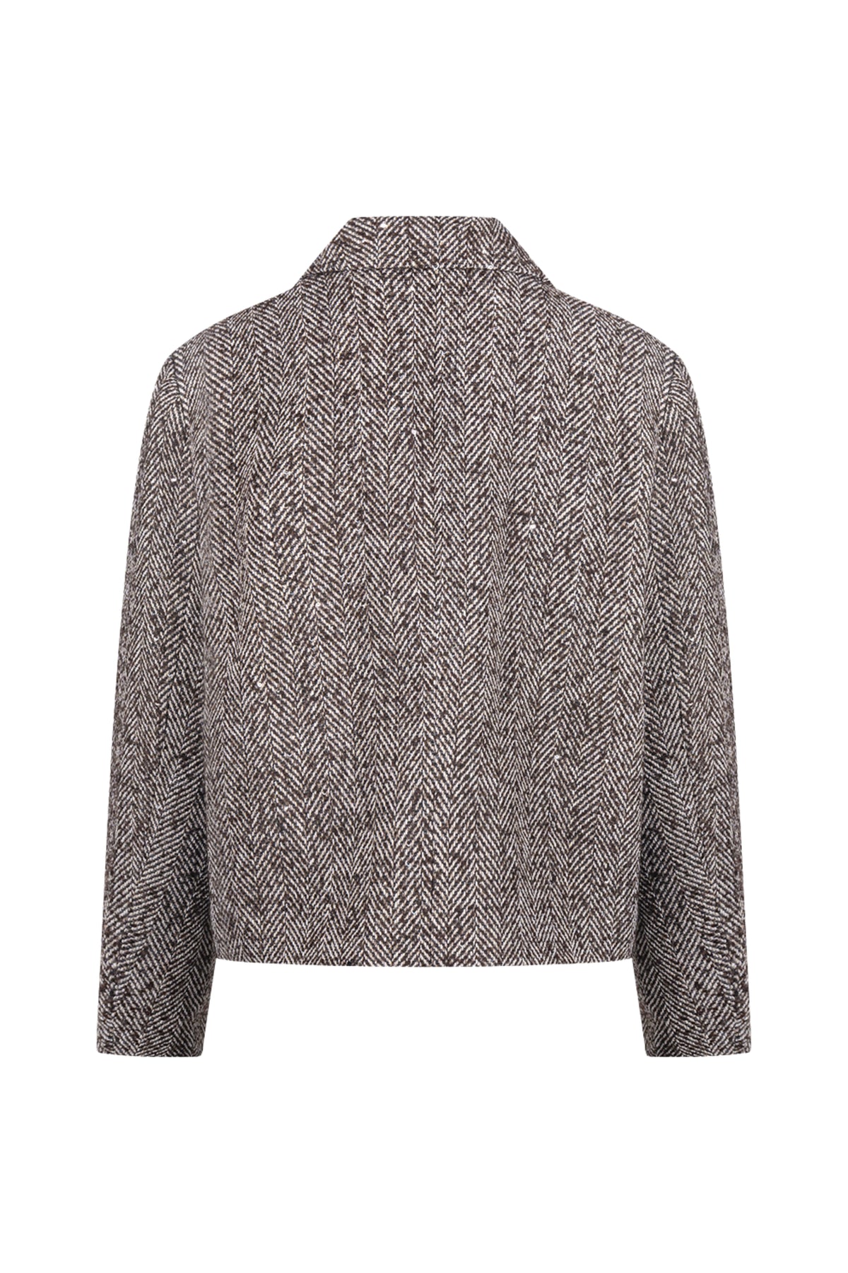 Nukus Daphne Herringbone jas in chocolade zandkleur met geruite stof en knopen, stijlvolle winterjas voor dames.