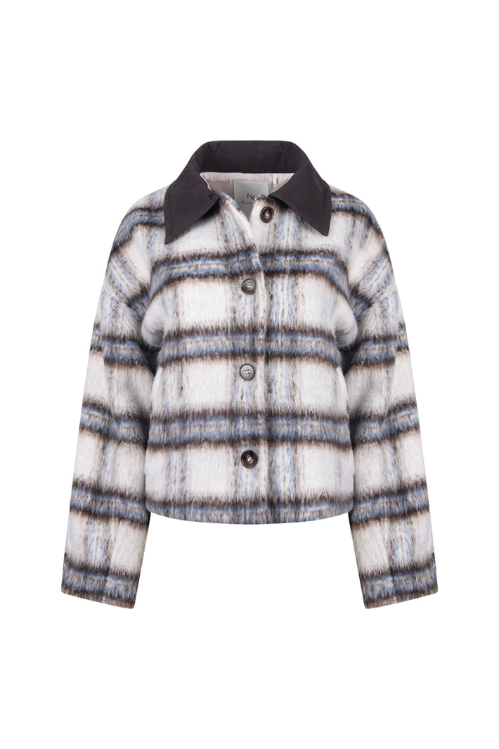 Nukus Debora jas in offwhite en chocolade, stijlvolle winterjas met warme voering en modieuze pasvorm.